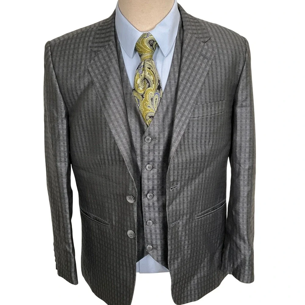 Bespoke Mens 40S Jacket and Vest Grey Check Texture Shimmer Formal Party 2pc Set